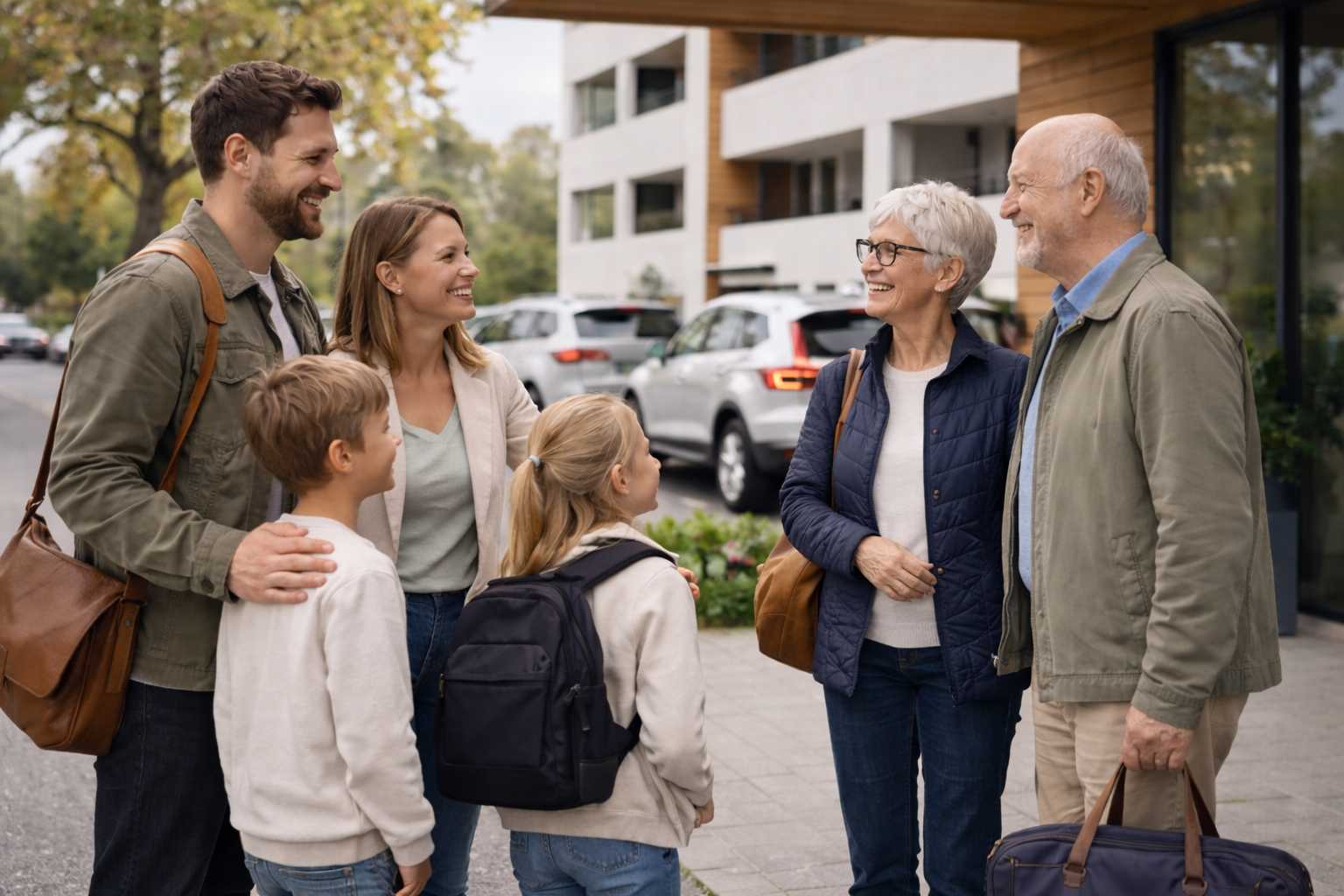 Två grannar utbyter en parkeringsnyckel utanför en bostadsrättsförening